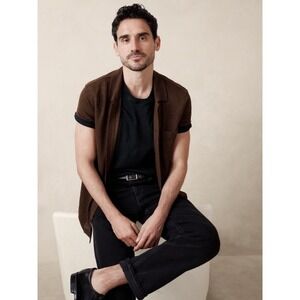 NWT Banana Republic Mens Linen Pique XXL Brown Button Down Short Sleeve‎ Shirt